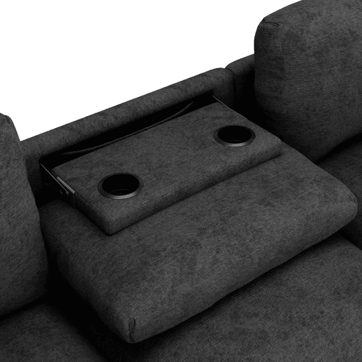 Sofá de 3 lugares em chenille - Com almofadas, mesa dobrável, porta USB, porta-copos, arrumação - Cinza