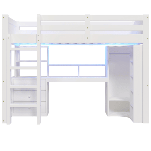 Cama alta 90x200 cm - Com LED, armário, secretária, gavetas, compartimentos - Branco Cama alta 90x200 cm - Com LED, armário, secretária, gavetas, compartimentos - Branco