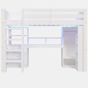 Cama alta 90x200 cm - Com LED, armário, secretária, gavetas, compartimentos - Branco