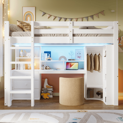 Cama alta 90x200 cm - Com LED, armário, secretária, gavetas, compartimentos - Branco Cama alta 90x200 cm - Com LED, armário, secretária, gavetas, compartimentos - Branco