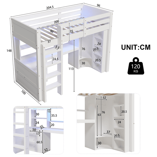 Cama alta 90x200 cm - Com LED, armário, secretária, gavetas, compartimentos - Branco Cama alta 90x200 cm - Com LED, armário, secretária, gavetas, compartimentos - Branco