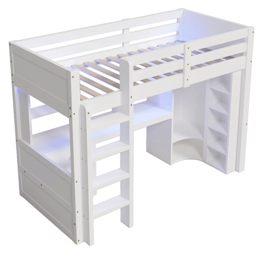 Cama alta 90x200 cm - Com LED, armário, secretária, gavetas, compartimentos - Branco Cama alta 90x200 cm - Com LED, armário, secretária, gavetas, compartimentos - Branco