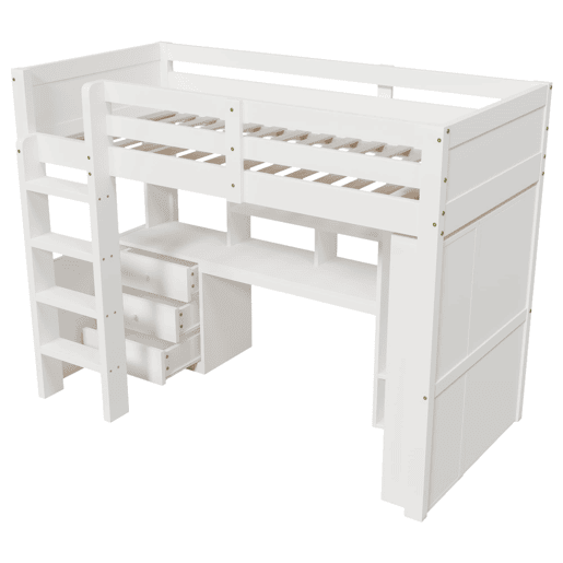 Cama alta 90x200 cm - Com LED, armário, secretária, gavetas, compartimentos - Branco Cama alta 90x200 cm - Com LED, armário, secretária, gavetas, compartimentos - Branco