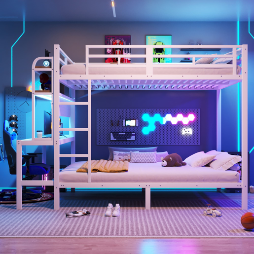 Cama alta 140x200 cm - Estrutura metálica, secretária, LED, USB, com grade de proteção, sem colchão - Branco