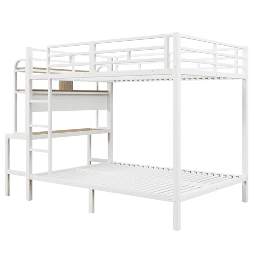 Cama alta 140x200 cm - Estrutura metálica, secretária, LED, USB, com grade de proteção, sem colchão - Branco