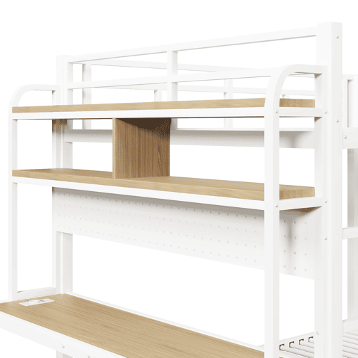 Cama alta 140x200 cm - Estrutura metálica, secretária, LED, USB, com grade de proteção, sem colchão - Branco