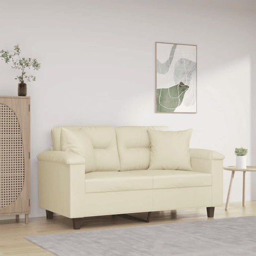 Sofá 2 lugares, Sofá fixo + almofadas decorativas 120cm couro artif. creme
