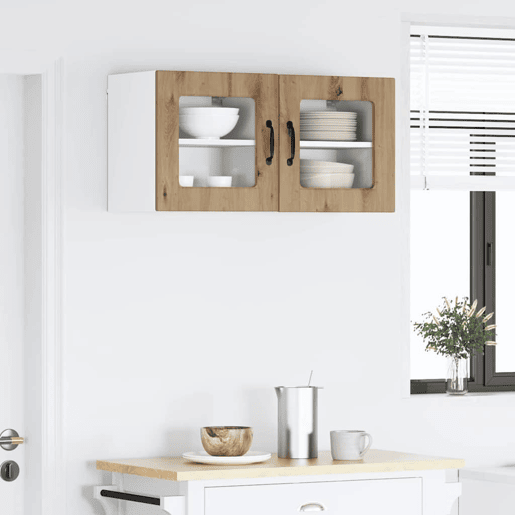 Lote de 2 Armários de cozinha suspendidos - Cozinha modular Colgantes com porta Carvalho Artesanal