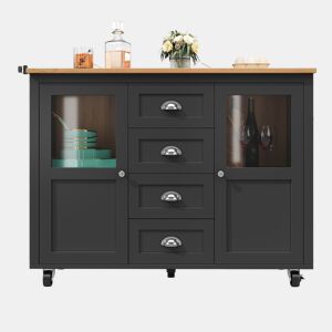 Ilha de cozinha 120x73x93cm - carrinho extraível com rodas, 2 portas, 4 gavetas, prateleiras ajustáveis, toalheiro, porta-temperos - preto