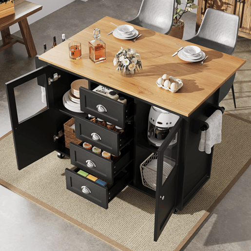 Ilha de cozinha 120x73x93cm - carrinho extraível com rodas, 2 portas, 4 gavetas, prateleiras ajustáveis, toalheiro, porta-temperos - preto