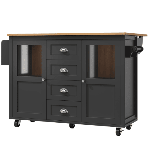 Ilha de cozinha 120x73x93cm - carrinho extraível com rodas, 2 portas, 4 gavetas, prateleiras ajustáveis, toalheiro, porta-temperos - preto