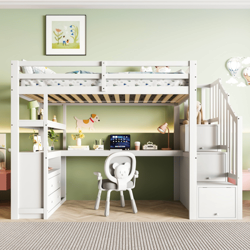 Cama alta 90x200 cm - com secretária, escada com arrumação e 2 gavetas - Branco