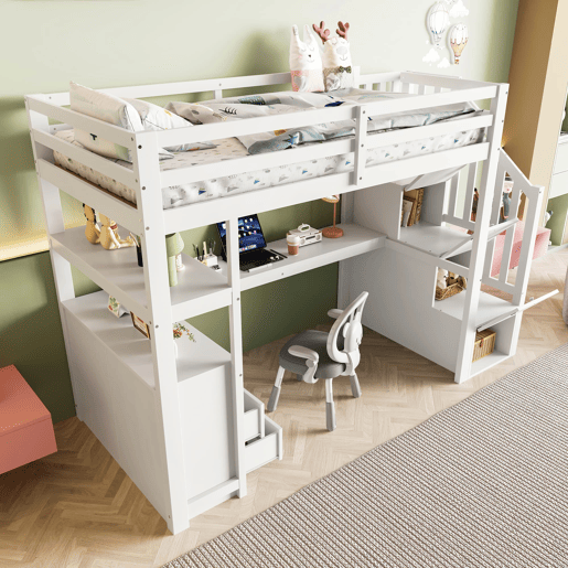 Cama alta 90x200 cm - com secretária, escada com arrumação e 2 gavetas - Branco