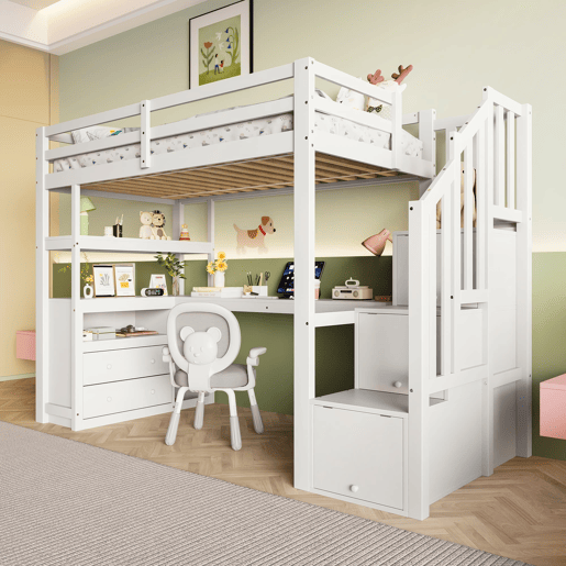 Cama alta 90x200 cm - com secretária, escada com arrumação e 2 gavetas - Branco
