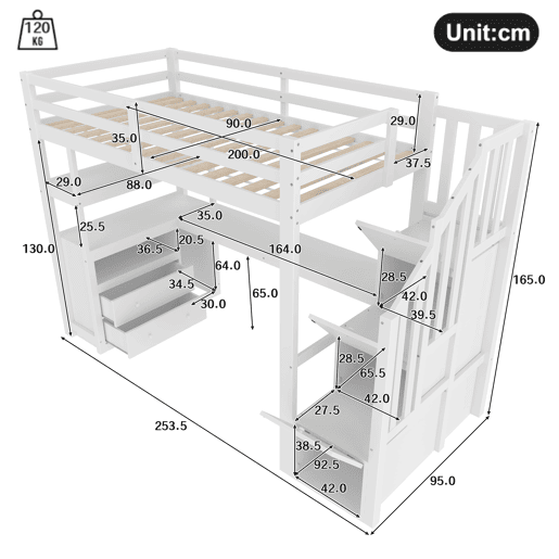 Cama alta 90x200 cm - com secretária, escada com arrumação e 2 gavetas - Branco