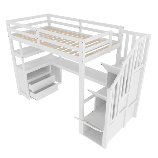 Cama alta 90x200 cm - com secretária, escada com arrumação e 2 gavetas - Branco