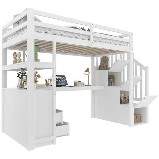 Cama alta 90x200 cm - com secretária, escada com arrumação e 2 gavetas - Branco