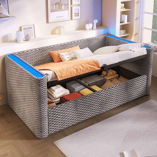 Sofá-cama 90x200 cm - Com iluminação LED, mecanismo hidráulico de arrumação, sem colchão - Cinza