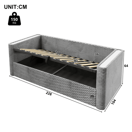 Sofá-cama 90x200 cm - Com iluminação LED, mecanismo hidráulico de arrumação, sem colchão - Cinza