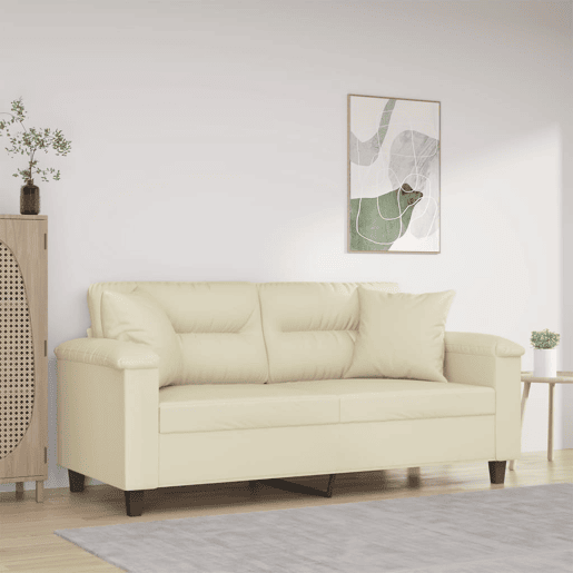 Sofá 2 lugares, Sofá fixo + almofadas decorativas 140cm couro artif. creme Sofá 2 lugares, Sofá fixo + almofadas decorativas 140cm couro artif. creme