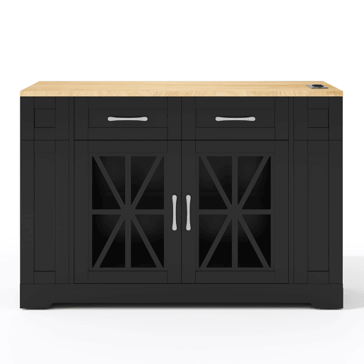 Ilha de cozinha 120 cm - com mesa dobrável, prateleiras abertas, tomada AC e USB, porta de vidro, rodas com travão - Preto+Natural