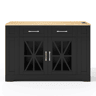 Ilha de cozinha 120 cm - com mesa dobrável, prateleiras abertas, tomada AC e USB, porta de vidro, rodas com travão - Preto+Natural