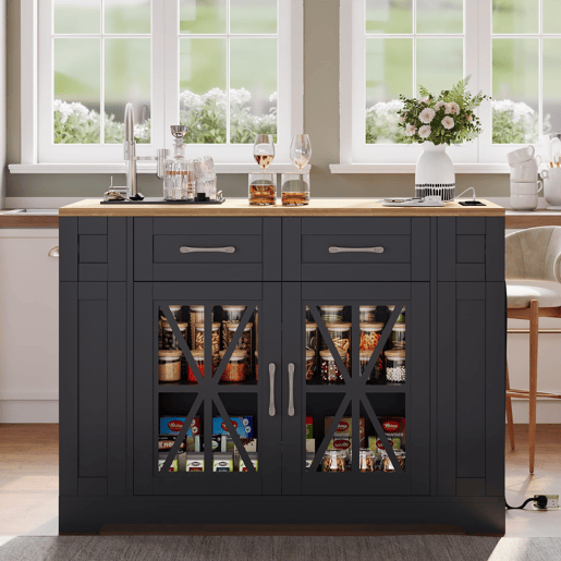 Ilha de cozinha 120 cm - com mesa dobrável, prateleiras abertas, tomada AC e USB, porta de vidro, rodas com travão - Preto+Natural