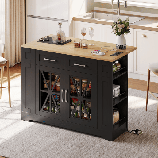 Ilha de cozinha 120 cm - com mesa dobrável, prateleiras abertas, tomada AC e USB, porta de vidro, rodas com travão - Preto+Natural