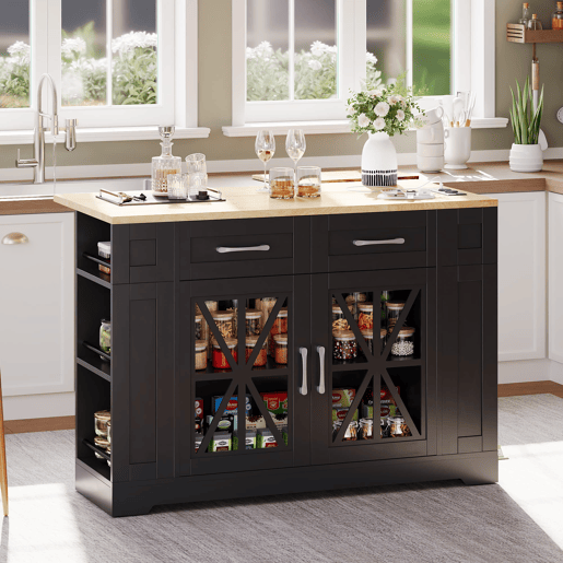 Ilha de cozinha 120 cm - com mesa dobrável, prateleiras abertas, tomada AC e USB, porta de vidro, rodas com travão - Preto+Natural