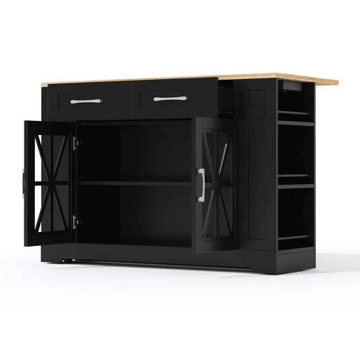 Ilha de cozinha 120 cm - com mesa dobrável, prateleiras abertas, tomada AC e USB, porta de vidro, rodas com travão - Preto+Natural