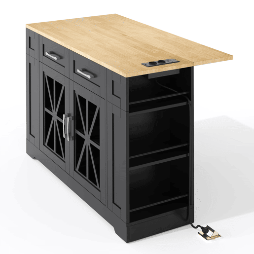 Ilha de cozinha 120 cm - com mesa dobrável, prateleiras abertas, tomada AC e USB, porta de vidro, rodas com travão - Preto+Natural