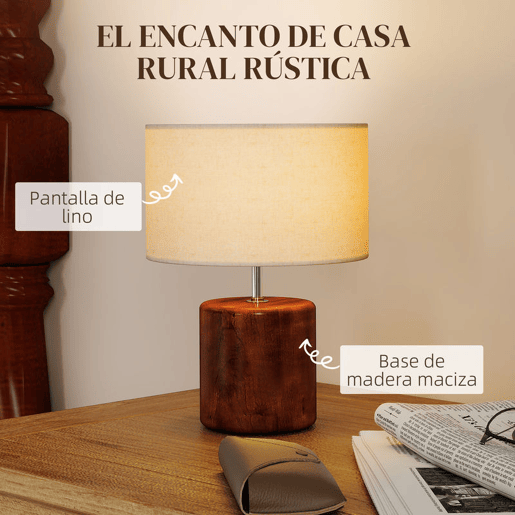 HOMCOM Candeeiro de Mesa Rústico Candeeiro de Mesa de Cabeceira com Base de Madeira Ecrã de Linho Interruptor Basculante para Quarto Sala E27 40W Ø20x27 cm Madeira e Bege