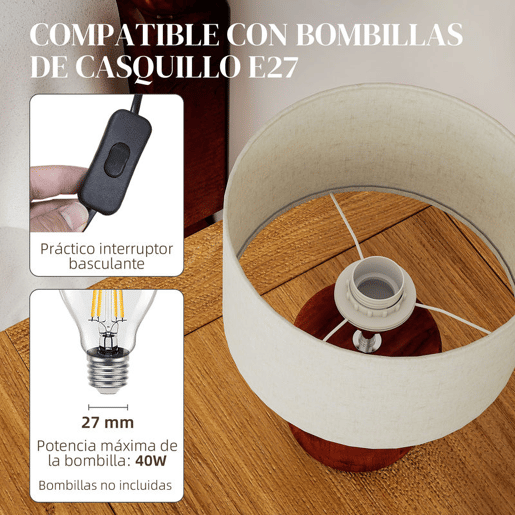 HOMCOM Candeeiro de Mesa Rústico Candeeiro de Mesa de Cabeceira com Base de Madeira Ecrã de Linho Interruptor Basculante para Quarto Sala E27 40W Ø20x27 cm Madeira e Bege