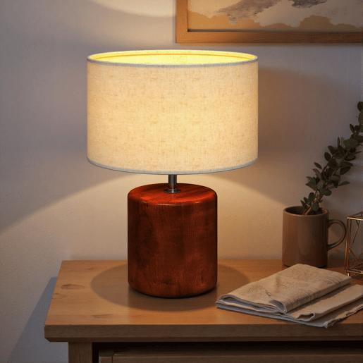 HOMCOM Candeeiro de Mesa Rústico Candeeiro de Mesa de Cabeceira com Base de Madeira Ecrã de Linho Interruptor Basculante para Quarto Sala E27 40W Ø20x27 cm Madeira e Bege