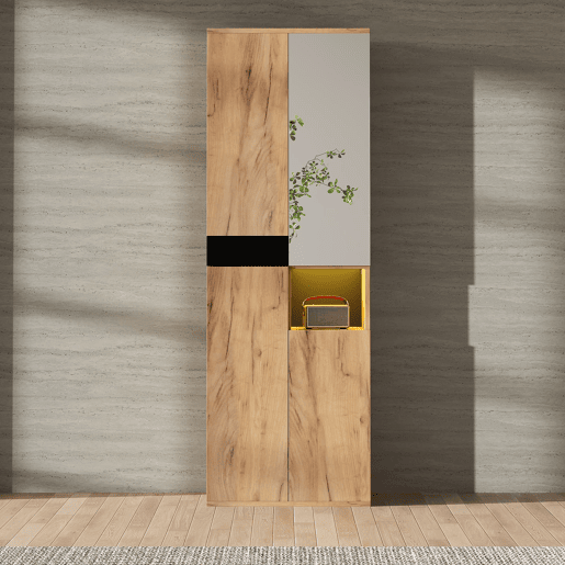 Armário alto 65x35x190 cm - com espelho, 4 portas, prateleira aberta - preto e natural Armário alto 65x35x190 cm - com espelho, 4 portas, prateleira aberta - preto e natural