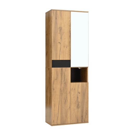 Armário alto 65x35x190 cm - com espelho, 4 portas, prateleira aberta - preto e natural Armário alto 65x35x190 cm - com espelho, 4 portas, prateleira aberta - preto e natural