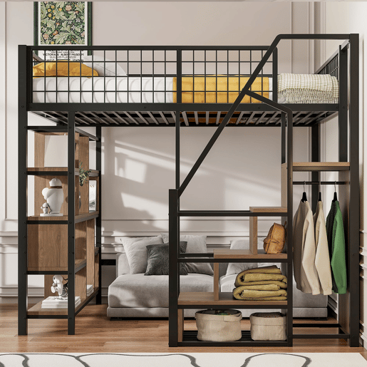 Cama alta multifuncional 140x200 cm - com arrumação, prateleiras e escada - cor preta