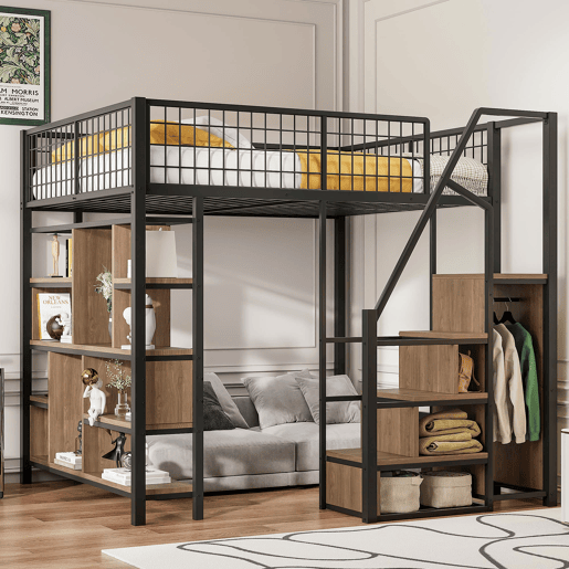 Cama alta multifuncional 140x200 cm - com arrumação, prateleiras e escada - cor preta