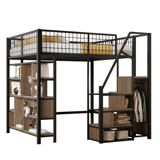 Cama alta multifuncional 140x200 cm - com arrumação, prateleiras e escada - cor preta