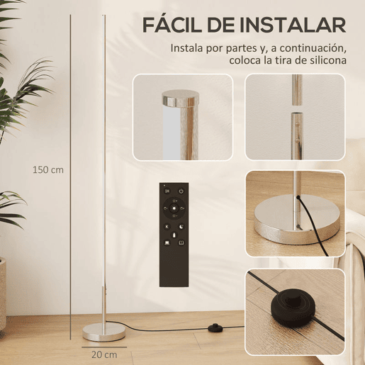 HOMCOM Candeeiro de Pé Moderno Candeeiro de Pé Sala de Estar com Brilho e Temperaturas de Cor Ajustáveis 3000K-6000K Controlo Remoto Temporizador para Quarto Escritório Decoração Ø20x150 cm Prata