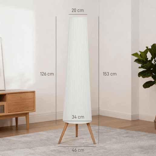 HOMCOM Candeeiro de Pé com Tripé Brilho Ajustável 3 Níveis Candeeiro de Pé de Sala Nórdica com Interruptor de Pé Pernas de Madeira e Ecrã de Tecido para Quarto, Escritório Decoração 46x46x153 cm Branco
