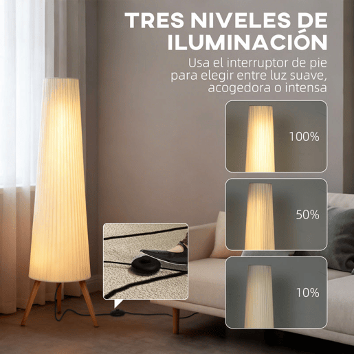 HOMCOM Candeeiro de Pé com Tripé Brilho Ajustável 3 Níveis Candeeiro de Pé de Sala Nórdica com Interruptor de Pé Pernas de Madeira e Ecrã de Tecido para Quarto, Escritório Decoração 46x46x153 cm Branco