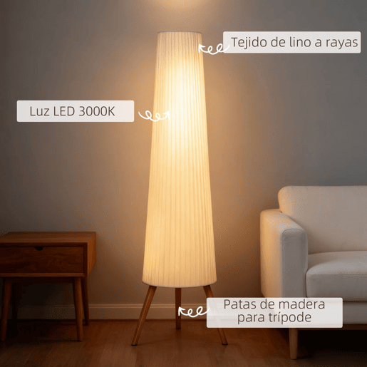 HOMCOM Candeeiro de Pé com Tripé Brilho Ajustável 3 Níveis Candeeiro de Pé de Sala Nórdica com Interruptor de Pé Pernas de Madeira e Ecrã de Tecido para Quarto, Escritório Decoração 46x46x153 cm Branco