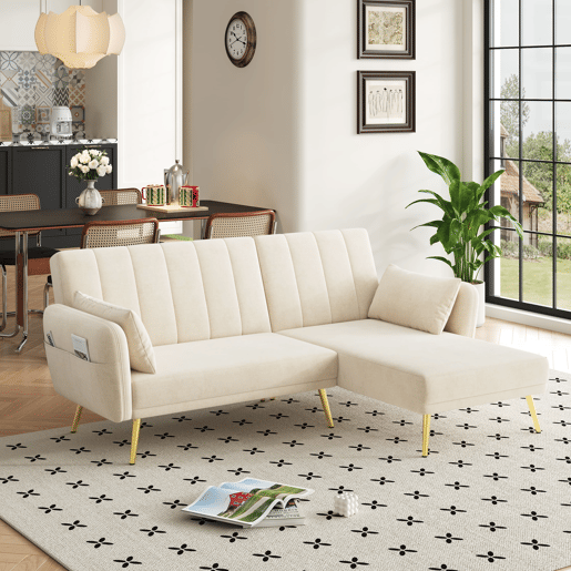 Sofá-cama moderno de 3 lugares - Sofá de canto com função de cama - Bege