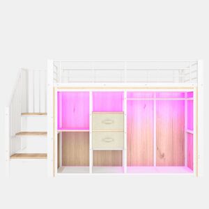 Cama loft 90x200 cm - 2 gavetas, armário aberto, LED multicolorido, vários compartimentos - Branco