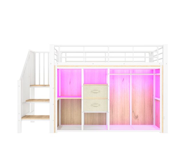 Cama loft 90x200 cm - 2 cajones, armario abierto, led multicolor, varios compartimentos - blanco