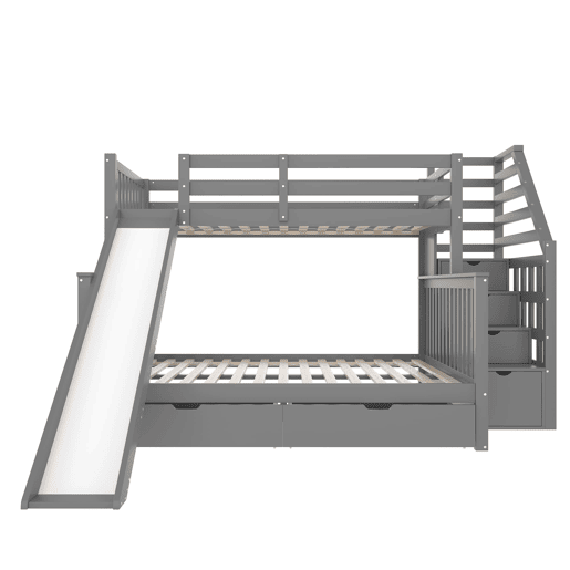 Cama beliche 90x200 - Com gavetas, arrumação e escorrega, multifuncional, cinzenta Cama beliche 90x200 - Com gavetas, arrumação e escorrega, multifuncional, cinzenta