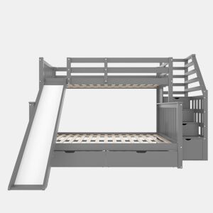 Cama beliche 90x200 - Com gavetas, arrumação e escorrega, multifuncional, cinzenta