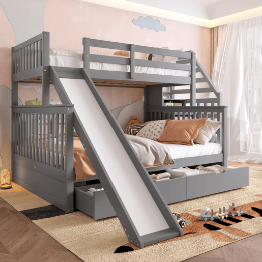 Cama beliche 90x200 - Com gavetas, arrumação e escorrega, multifuncional, cinzenta Cama beliche 90x200 - Com gavetas, arrumação e escorrega, multifuncional, cinzenta