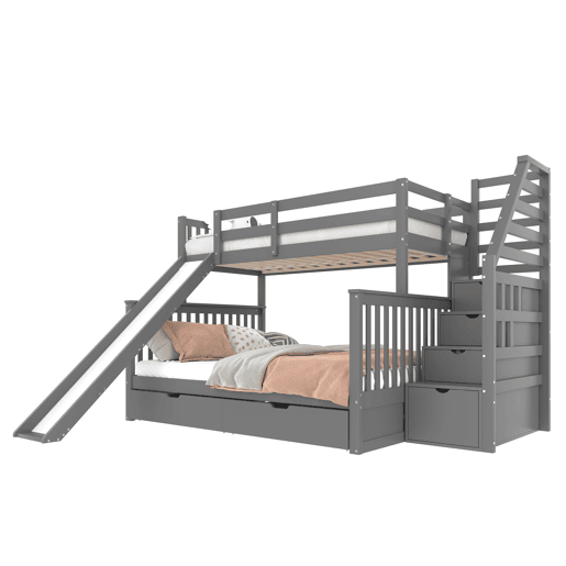 Cama beliche 90x200 - Com gavetas, arrumação e escorrega, multifuncional, cinzenta Cama beliche 90x200 - Com gavetas, arrumação e escorrega, multifuncional, cinzenta